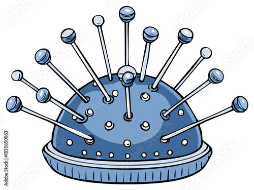 Blue cartoon pincushion with many straight pins for sewing and needlework