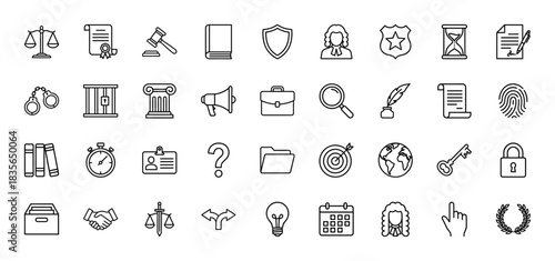Law and justice line icon set. Vector pictograms of scales, gavel, shield, handcuffs, and legal documents, thin outline illustration.