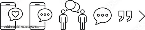 Communication icons, smartphone message, chat bubble, face-to-face talk, quotation marks, digital dialogue, texting symbols, speech interface, social interaction, messaging UI