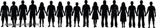 Community unity silhouette, people holding hands, black figures, family connection, white background, social support, togetherness concept illustration