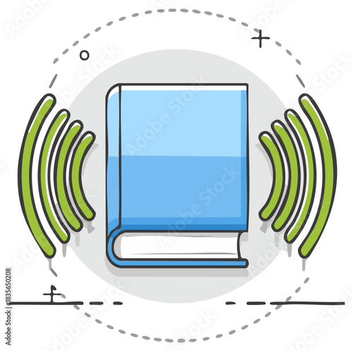 Blue Book Surrounded by Sound Waves Conceptual Audiobook Illustration