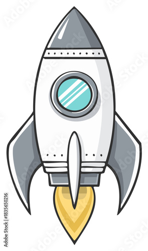 Cartoon rocket ship with flames blasting off into space, illustrating forward motion and exploration