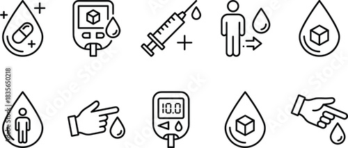 Diabetes icons, blood sugar, glucose meter, insulin syringe, droplet test, medical symbols, finger prick, health monitoring, medication, patient care