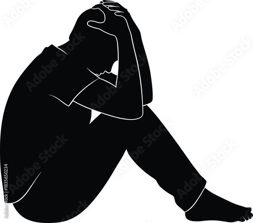Distressed silhouette, emotional posture, mental health icon, stress figure, contemplation pose, outline style, depression, anxiety, solitude, reflection