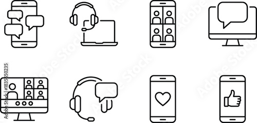 Digital communication icons, smartphone chat, video call, headset support, online messaging, social media, thumbs up, heart icon, desktop UI