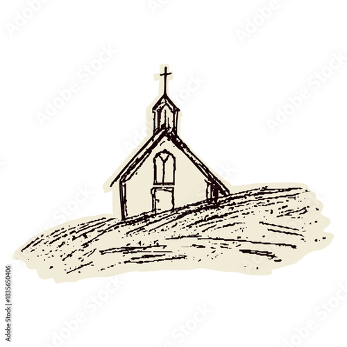 Sketch of pilgrims way little church on the hill. Village chapel style with christian cross. For Canterbury pilgrims way or Camino pilgrimage. Simple sketched faith based sanctuary illustration logo