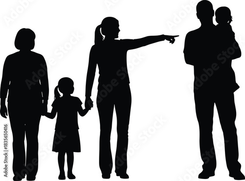 Family silhouette with children, group interaction, pointing gesture, black figures, white background, parenting moment, connection concept illustration