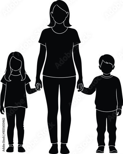 Family silhouette, parent with children, guardian figure, childcare symbol, parenting icon, outline style, support, protection, unity, care