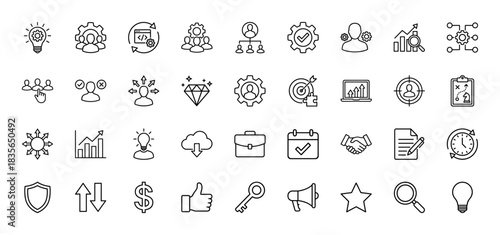 Business and management line icon set. Vector pictograms of teamwork, strategy, finance, and productivity, thin outline illustration.