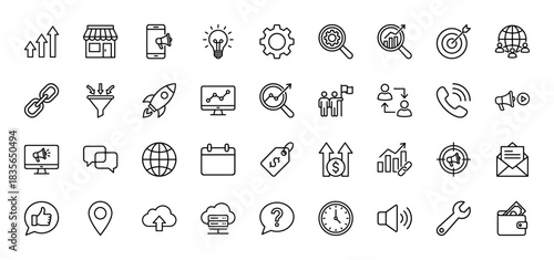 Marketing and finance line icon set. Vector pictograms of store, phone, target, search, rocket, wallet, chart, and gears, thin outline illustration.