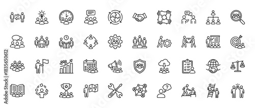 Business and teamwork line icon set. Vector pictograms of handshake, collaboration, target, and success, thin outline illustration.