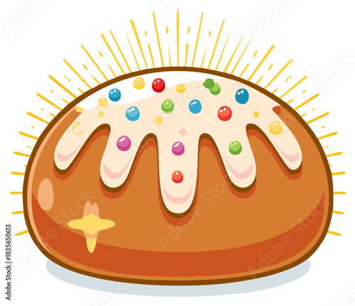 Cartoon illustration of a sweet decorated cake with sprinkles and an emanating glow.