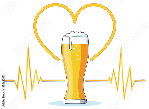 Beer glass and heartbeat diagram vector illustration for health and leisure concepts