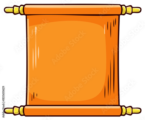 Ancient blank orange parchment scroll with gold handles cartoon illustration.