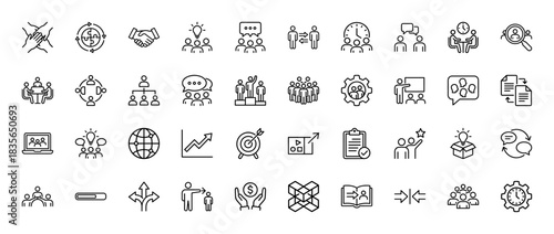 Business management and teamwork line icon set. Vector pictograms of strategy, hr, meeting, finance, goal, idea, leadership and communication, thin outline illustration.