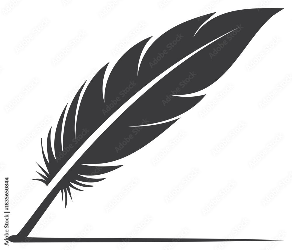 Fototapeta premium Stylized quill feather icon with shadow, symbolizing writing, literature, or creativity