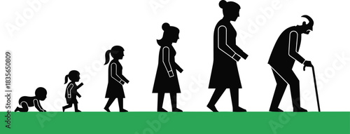 Human life stages, age progression, silhouette evolution, baby to elderly, aging concept, growth timeline, outline style, walking figures