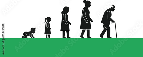Human life stages, aging silhouette, baby to elder, life cycle concept, growth timeline, black figures, development progression, age transition