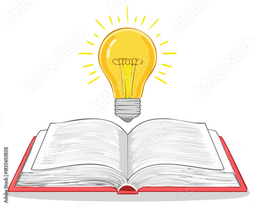 Bright Light Bulb Above Open Book Illustrating New Ideas and Knowledge