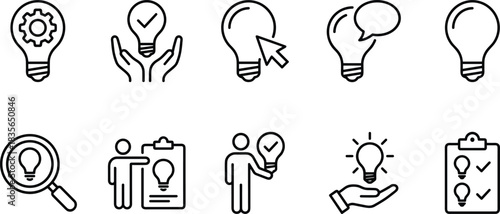 Idea icon set, innovation symbol graphic, creative thinking badge, light bulb illustration, concept validation element, brainstorming design
