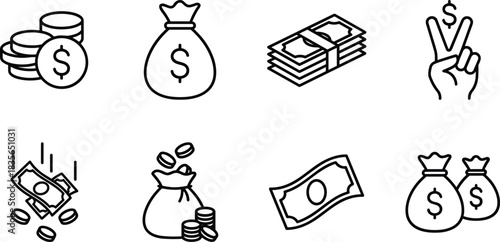 Money icons, dollar symbol, coin stack, cash bundle, finance graphic, wealth icon, savings bag, currency motion, black outline, economy
