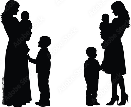 Mother and children silhouette, parenting styles, black figures, family comparison, white background, emotional bond, cultural variation illustration
