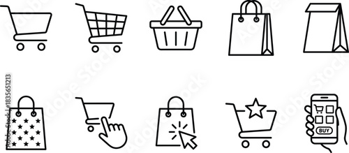 Shopping cart icon, e-commerce basket, online store bag, retail purchase symbol, digital commerce graphic, buy now illustration, checkout interface element