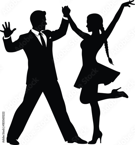 Silhouette of dancing couple, elegant pose, black and white art, formal attire, graceful movement, romantic dance illustration