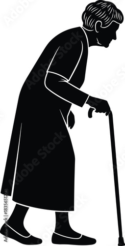 Silhouette of elderly person walking with cane, black and white art, aging theme, mobility support, health care illustration