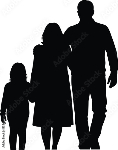 Silhouette of family standing together, black and white art, unity pose, affectionate embrace, parent child relationship, support illustration