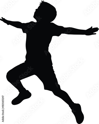 Silhouette of jumping child, playful motion, black and white art, energetic pose, freedom expression, joyful movement, dynamic illustration