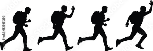 Silhouette of person running and jumping, backpack figure, black and white art, motion sequence, athletic pose, dynamic movement illustration