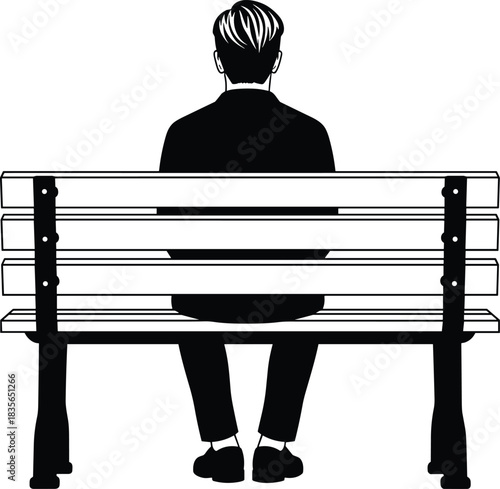 Silhouette of person sitting alone on bench, black and white art, solitude theme, contemplative pose, minimalist emotional illustration