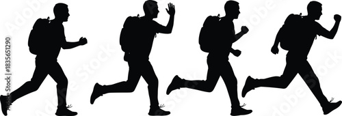 Silhouette of person walking and running, motion sequence, backpack figure, black and white art, physical activity, movement illustration