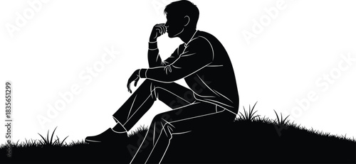 Silhouette of thoughtful person sitting on grassy hill, introspective pose, black and white art, peaceful nature, minimalist illustration