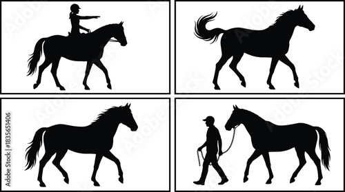 Silhouette, horse, rider, walking, leading, human interaction, motion, black, minimal, illustration, animal, equestrian, pose, dynamic, concept, design, teamwork, nature, freedom, white background
