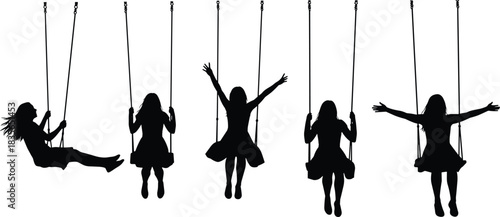 Silhouettes of children swinging, joyful motion, black and white art, playful posture, dynamic movement, childhood fun, expressive illustration