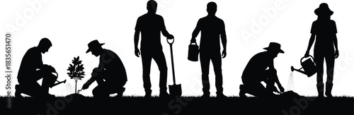 Silhouettes of people gardening, black and white art, planting teamwork, environmental care, shovel and watering can, community garden illustration