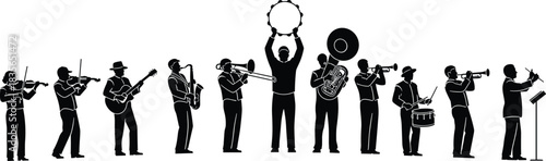 Silhouettes of orchestra musicians, diverse instruments, black and white art, music performance, conductor scene, ensemble illustration, artistic composition