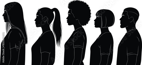 Silhouettes of diverse individual profiles, black and white art, unique hairstyles, human diversity, expressive figures, minimalist identity illustration