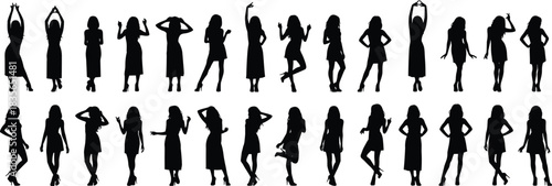 Silhouettes of women in diverse poses, black and white art, fashion stance, expressive posture, high heels, gesture illustration
