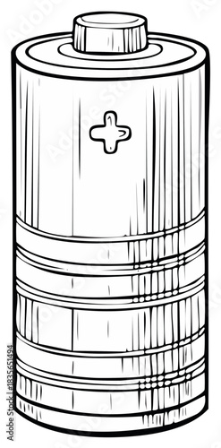 Black and white illustration of an AA battery with cross symbol.