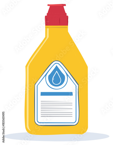 Yellow Bottle with Red Cap and Blue Drop Logo Displaying Liquid Contents for Labeling