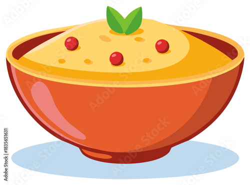 Creamy yellow dish served in a bright orange bowl adorned with red berries and green leaves