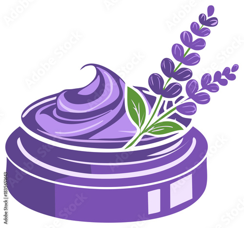 Purple cream jar with lavender sprigs. Cosmetic product design.