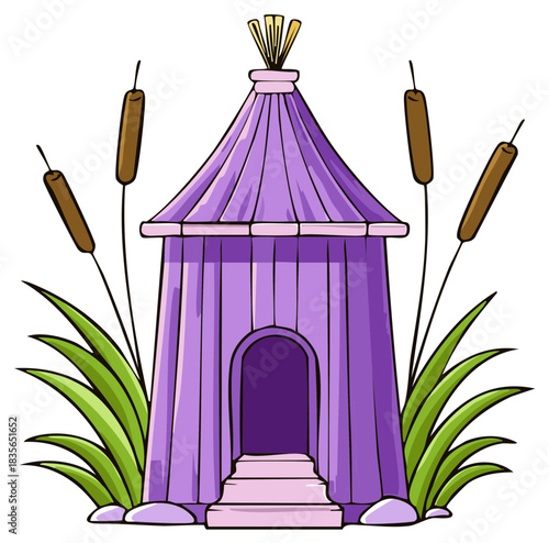 Cartoon illustration of a whimsical purple fairytale hut surrounded by reeds