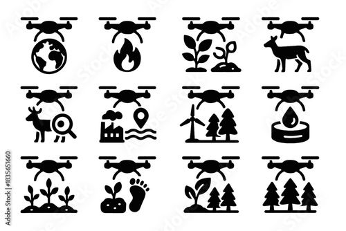 Drone energy vector eco fire icon crop testing wildlife health applications site