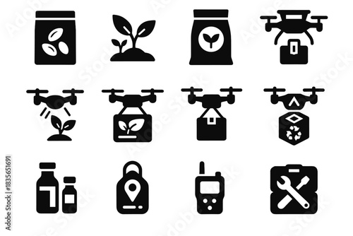 Lightweight communication delivery packages monitoring vector bottles icon drone eco seed tags