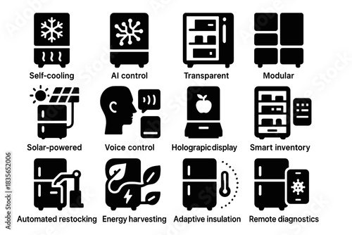 Fridge modular vector icon system temperature harvesting restocking futuristic control display icons