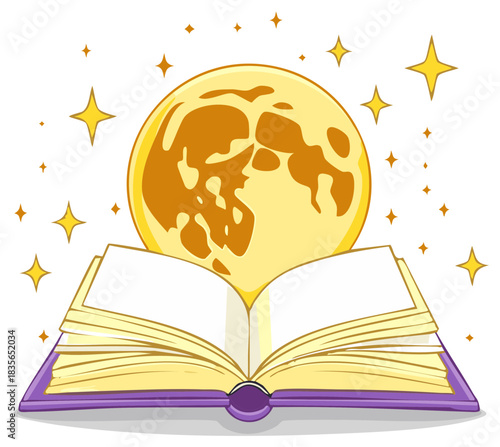 Open book casting moonlight with stars, illustrating cosmic knowledge and discovery.